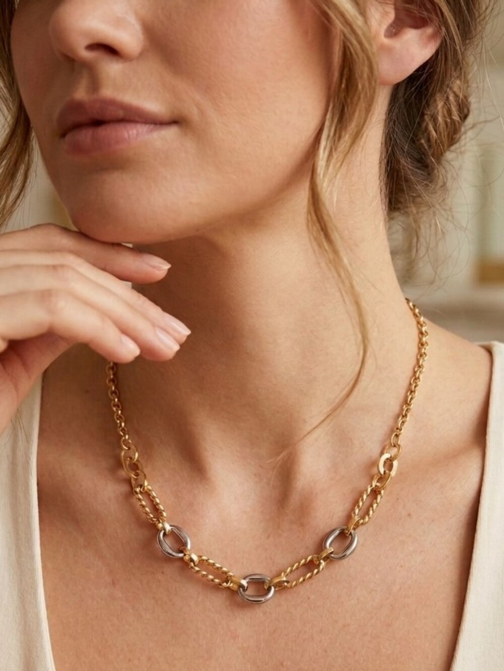 Gold Plated Stainless Steel Two Tone Link Chain Choker Necklace